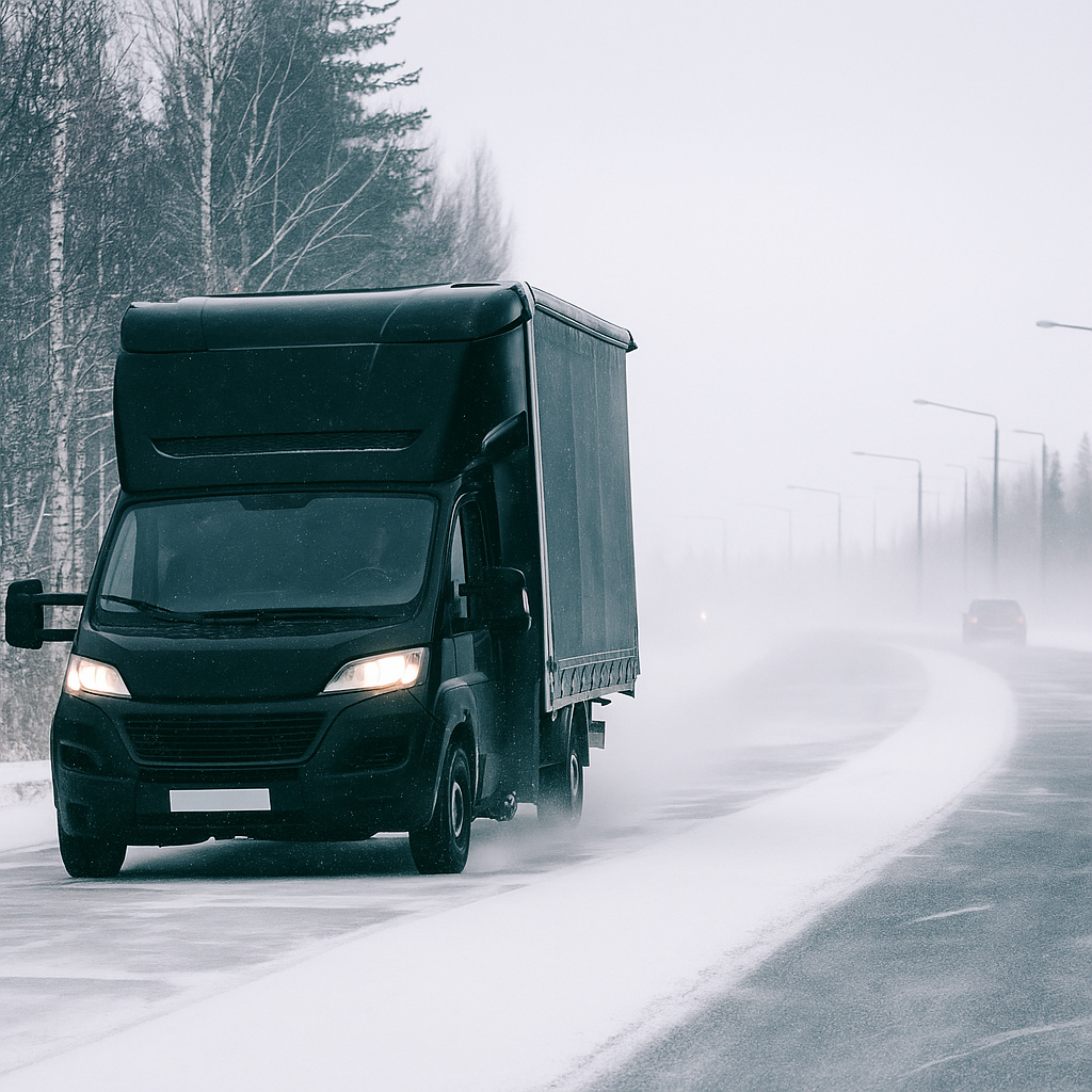 A black moving truck drives cautiously down a snowy road surrounded by trees on a cold winter day, with snow swirling in the air.