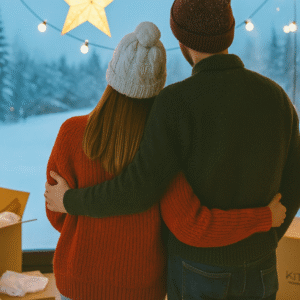 A couple dressed warmly in winter sweaters and hats stands arm in arm by a large window, looking out at a snowy landscape with moving boxes nearby, symbolizing a winter move.
