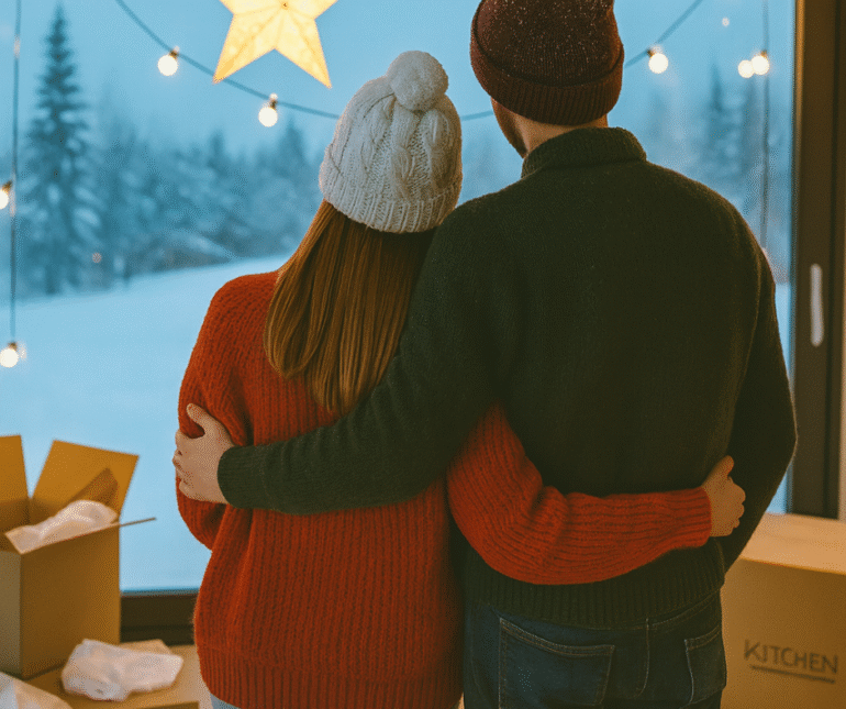A couple dressed warmly in winter sweaters and hats stands arm in arm by a large window, looking out at a snowy landscape with moving boxes nearby, symbolizing a winter move.