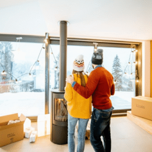 A couple dressed warmly in winter sweaters and hats stands arm in arm by a large window, looking out at a snowy landscape with moving boxes nearby, symbolizing a winter move.