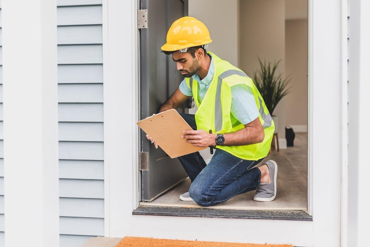 Man in yellow safety reflective vest with a hard hat conducting an inspection