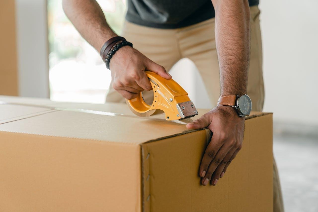 Crop man taping a cardboard box